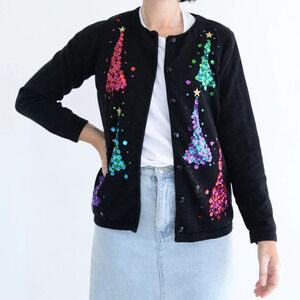 Vintage Quacker Factory Black Sequins Christmas Trees Button Cardigan Sweater XS